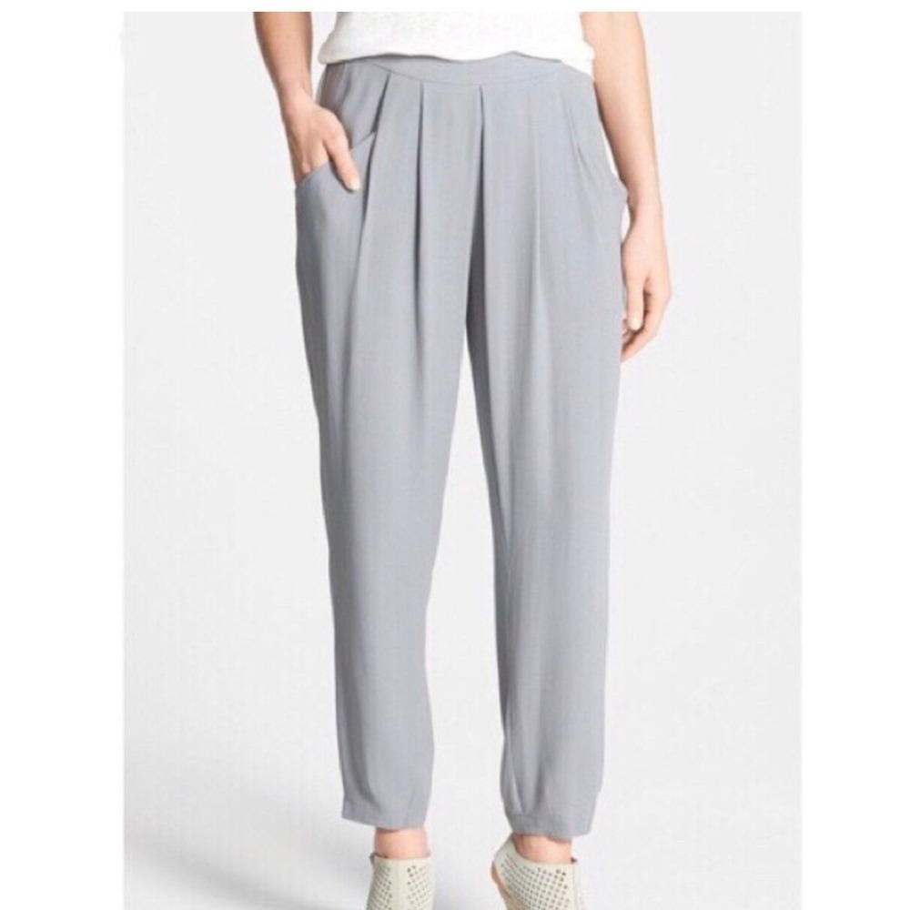 Eileen Fisher Silk Georgette Crepe Pleated Ankle Length Pant Tapered Pewter Med